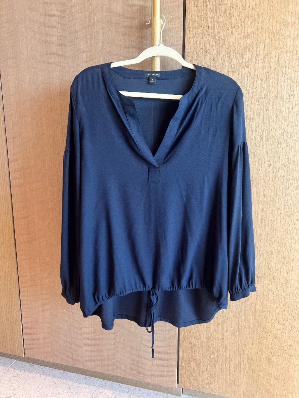 Ann Taylor Basic Dark Blue Drawstring Silky Blouse